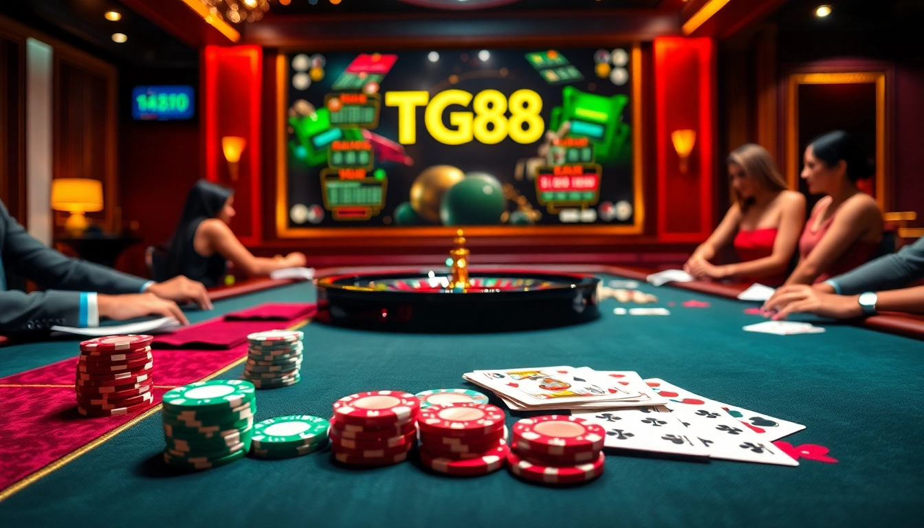 Experience excitement at TG88 casino with vibrant poker chips and a roulette wheel.