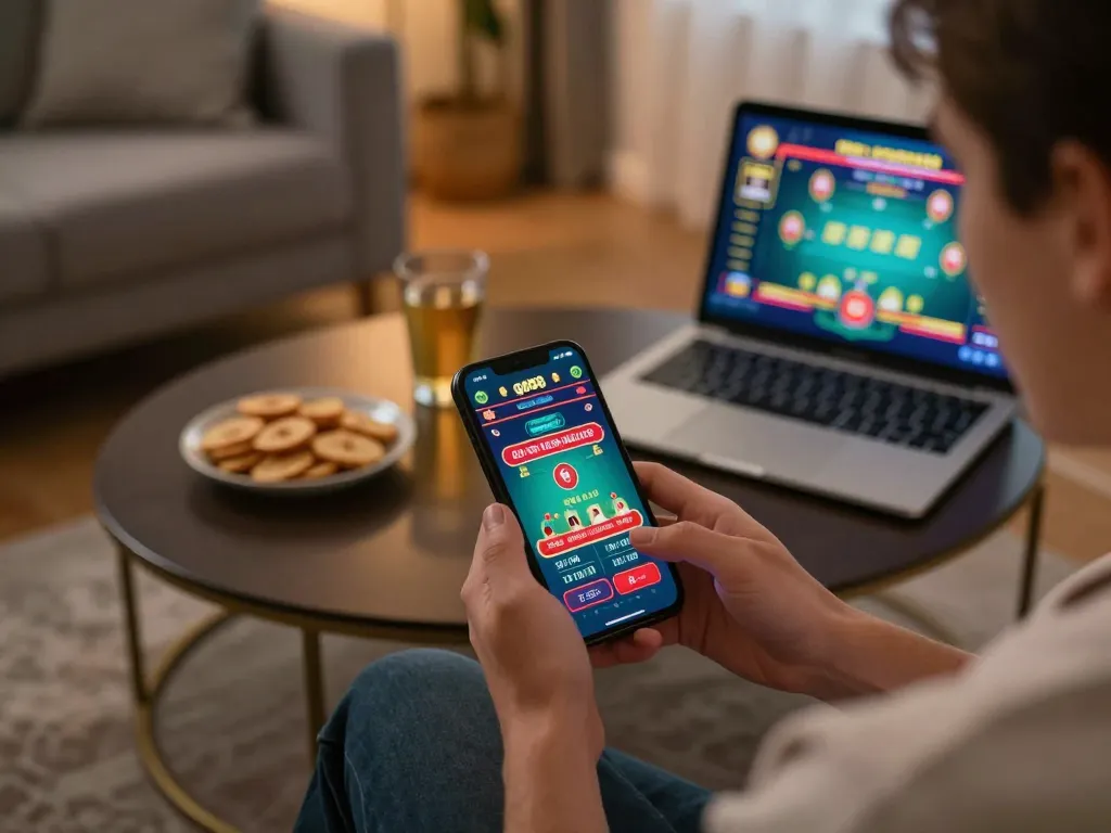 Engaging in strategic blackjack gameplay on go88 mobile app, showcasing an interactive home gaming scene.