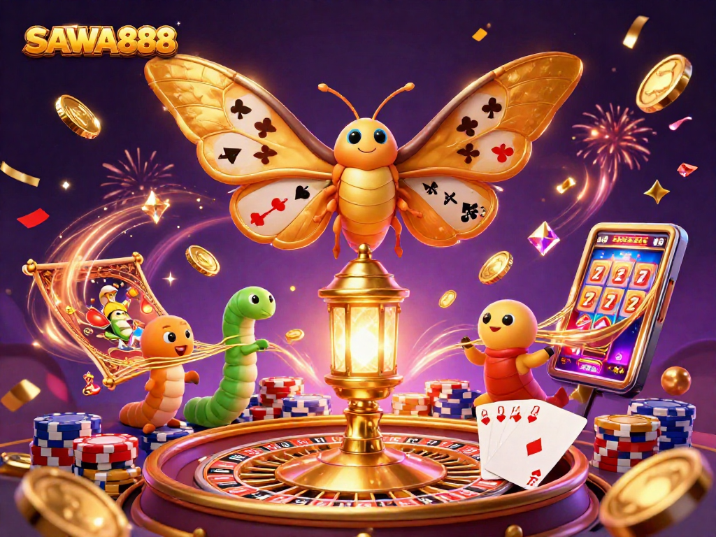 Experience the thrill with SAWA888's vibrant 3D casino scene featuring golden slots and exciting game elements.
