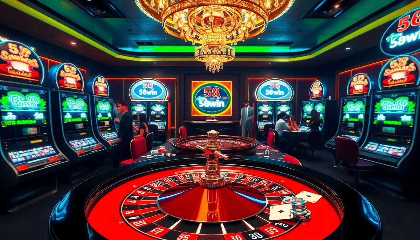 Excited players engage at the luxurious 58win casino, featuring a vibrant roulette table.