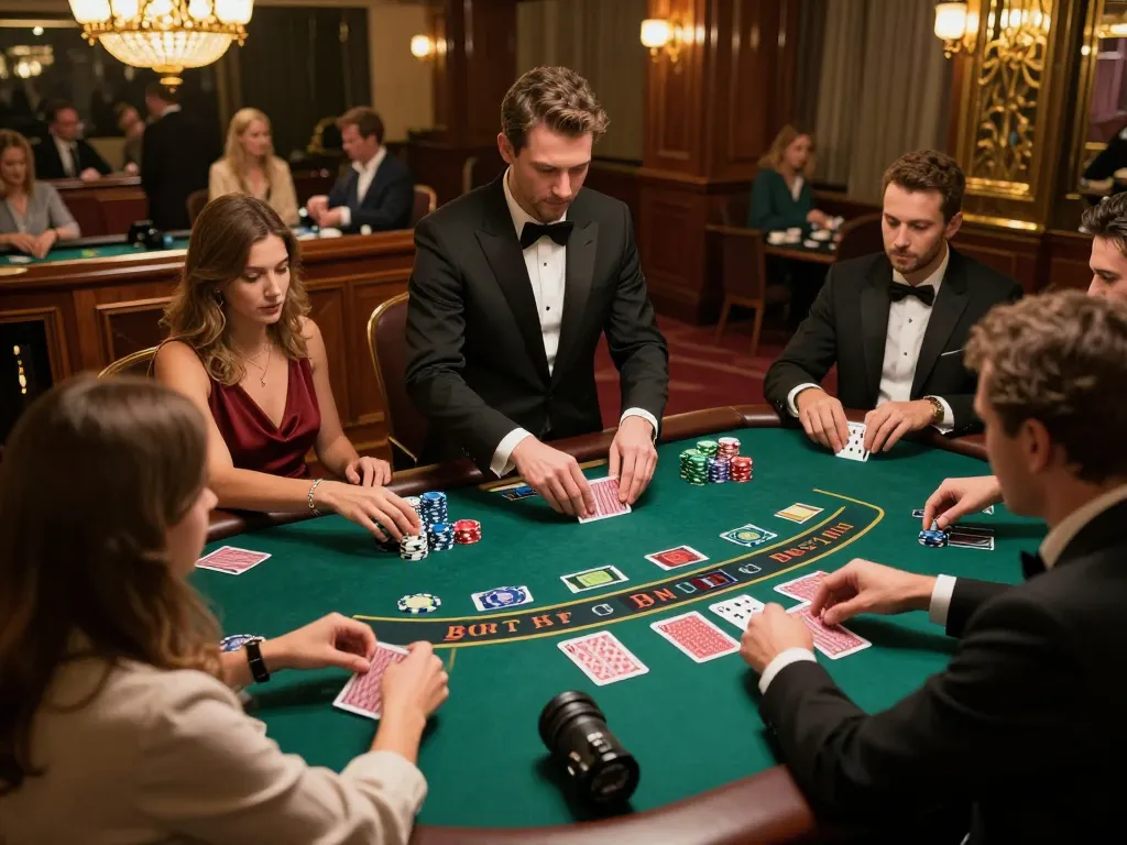 Engaged players at https://rr888.shopping/ placing bets at an elegant baccarat table in a luxury casino.