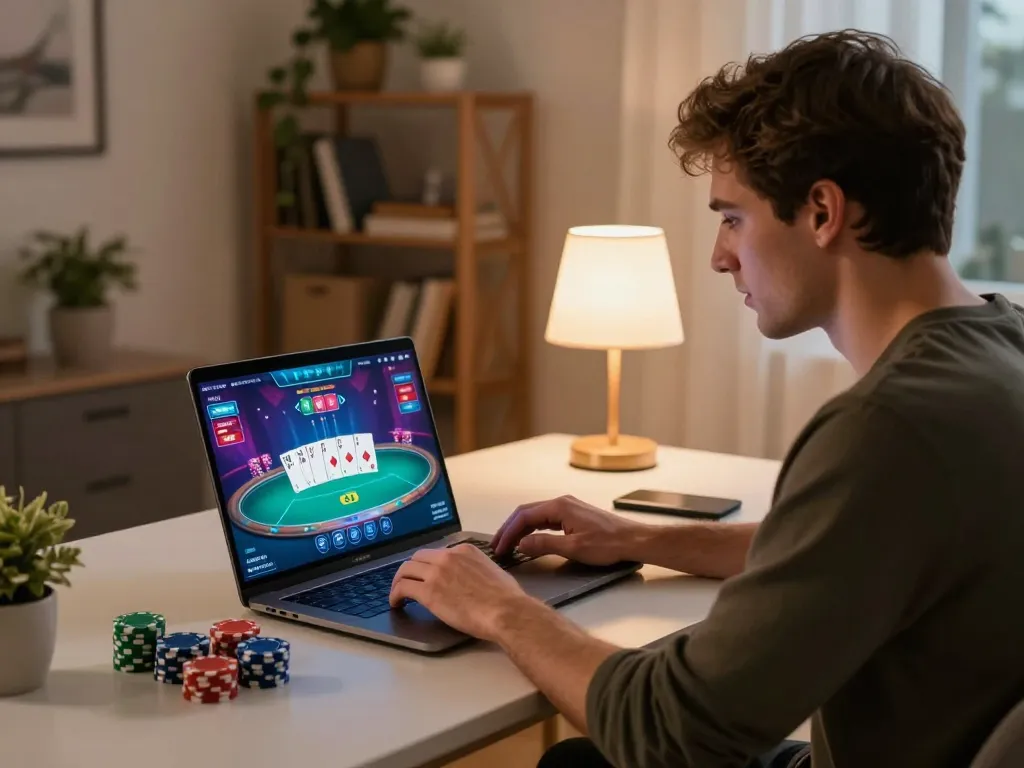 Person playing poker online at home via jun88pl platform, focused on strategy and gameplay.