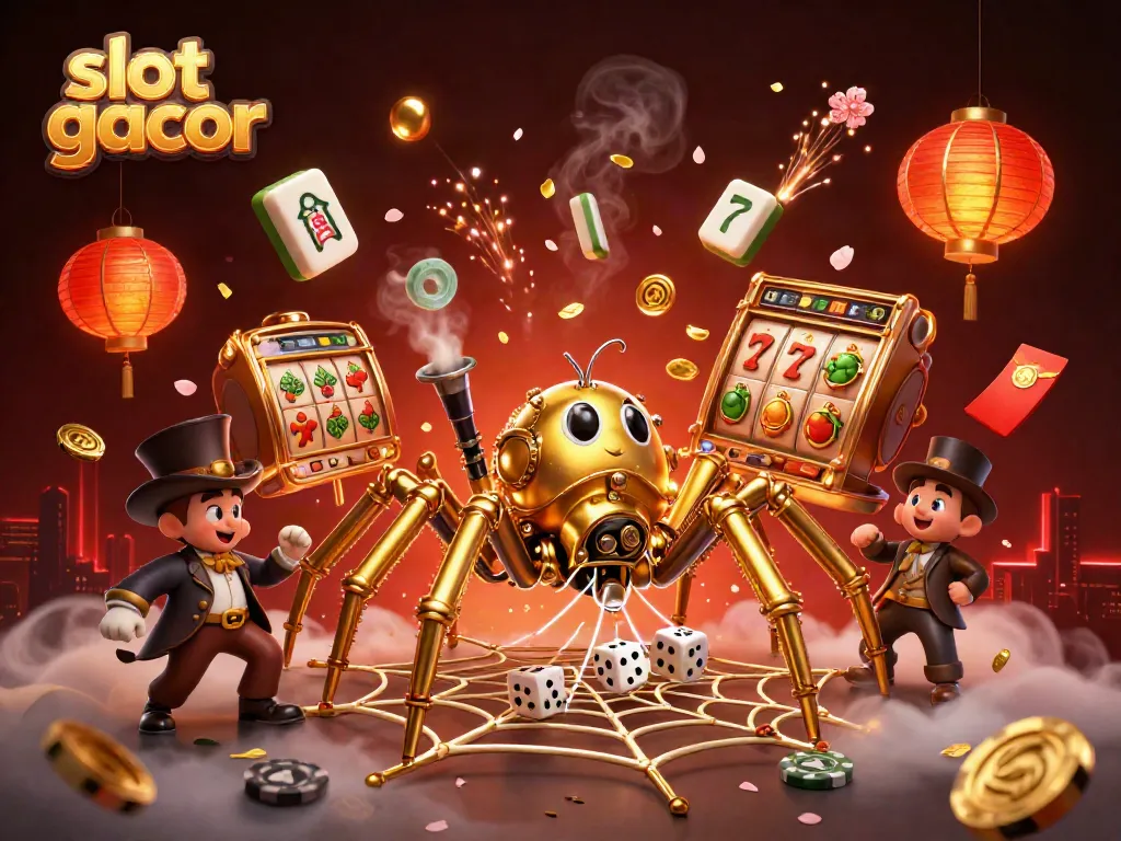 Gambarkan slot gacor dengan laba-laba emas steampunk dan simbol permainan yang menarik.