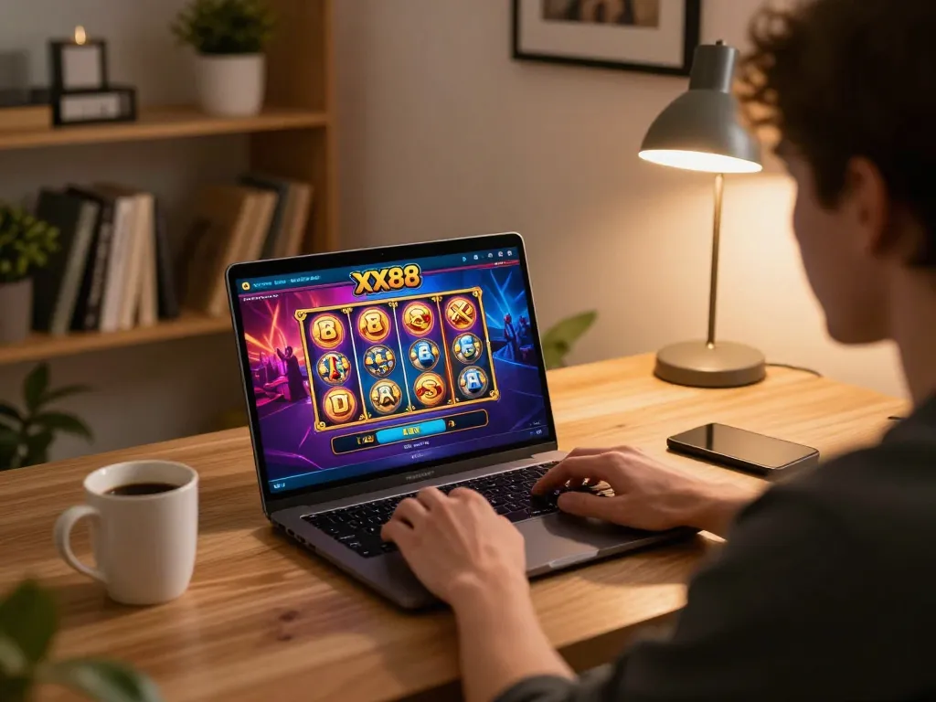 Engaging online gaming session featuring XX88 casino interface and a cozy setup.