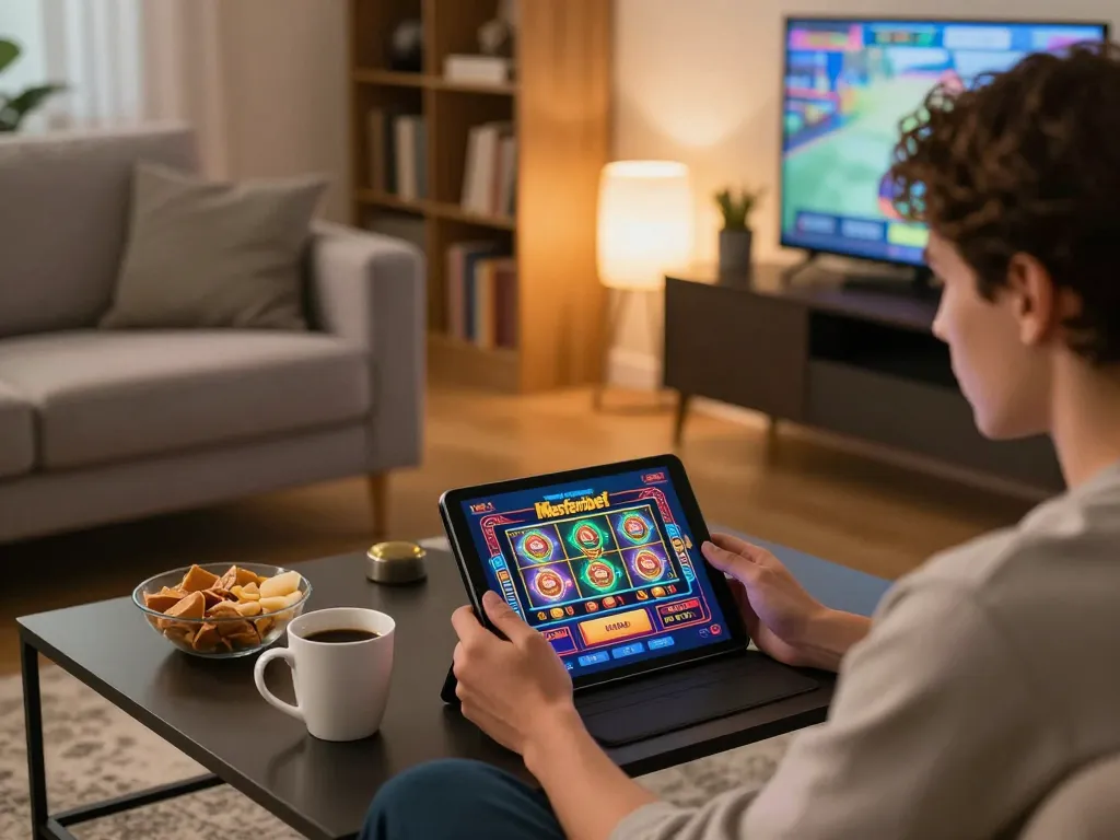 Misteribet online gaming session on tablet, engaging in strategic gameplay with almlive in a cozy home setting.