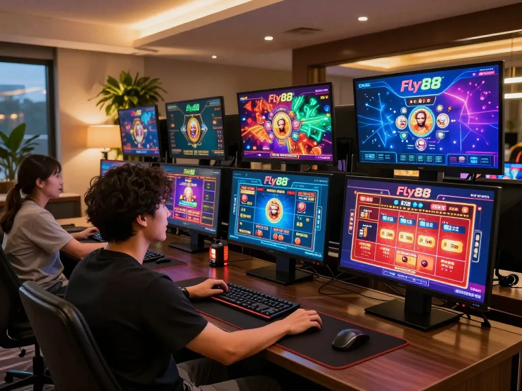Engaging user interacts with Fly88 online casino games on multiple screens, showcasing online gambling excitement.