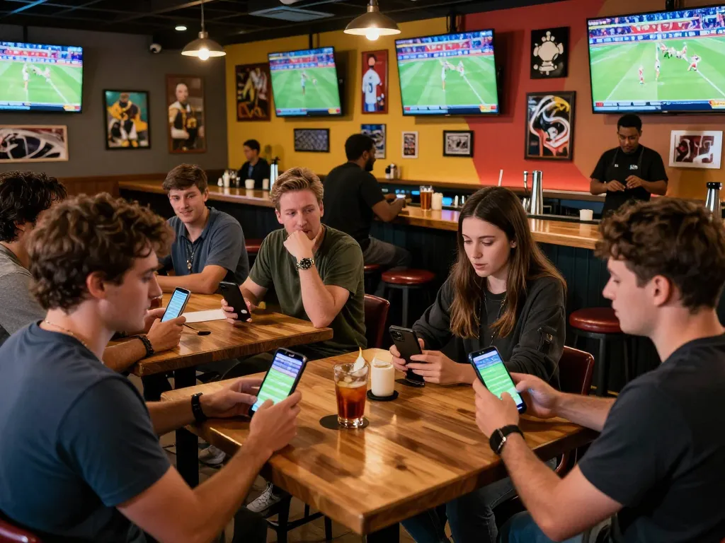 Engaged patrons using mobile devices to place bets at nhà cái in a lively sports bar environment
