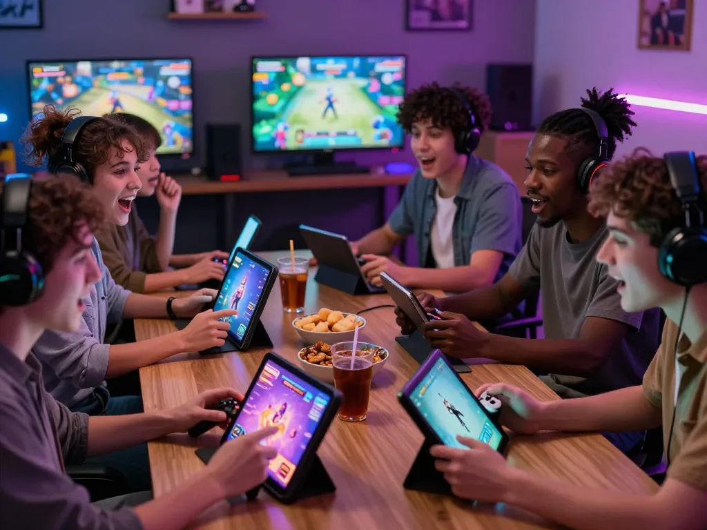 Engaging gaming experience with players immersed in various sex games on tablets and phones.