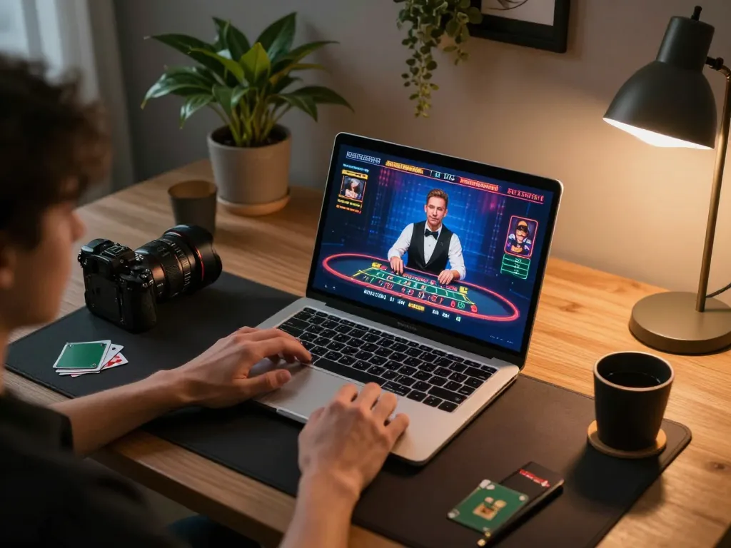 Engaged player using laptop for 789P live dealer blackjack in a cozy gaming setup