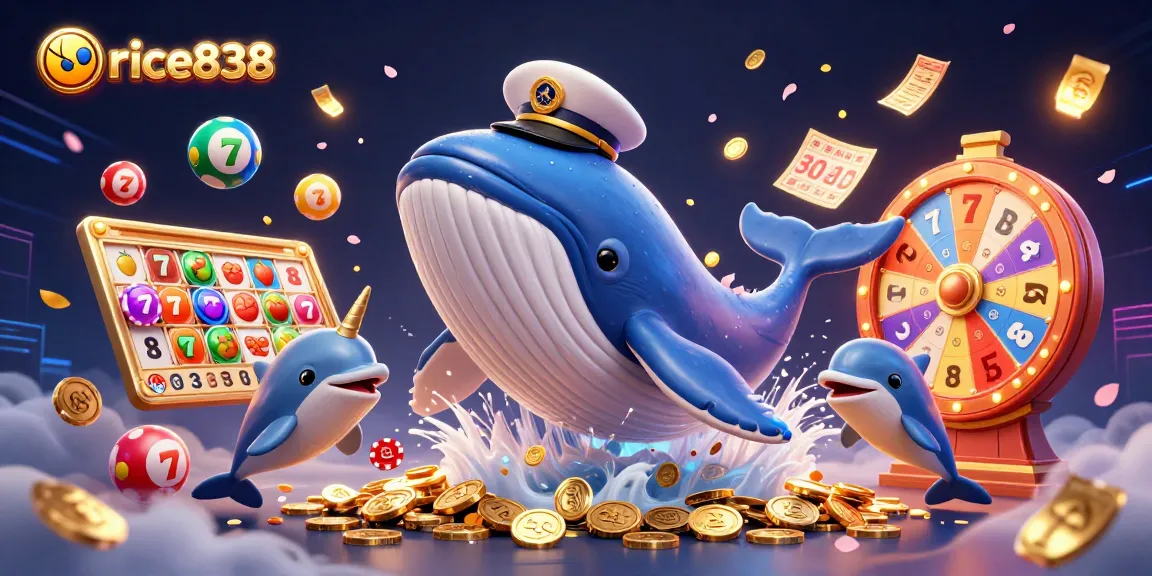 Experience thrilling slots with rice838 featuring a playful casino scene of a whale, narwhal, and dolphins.