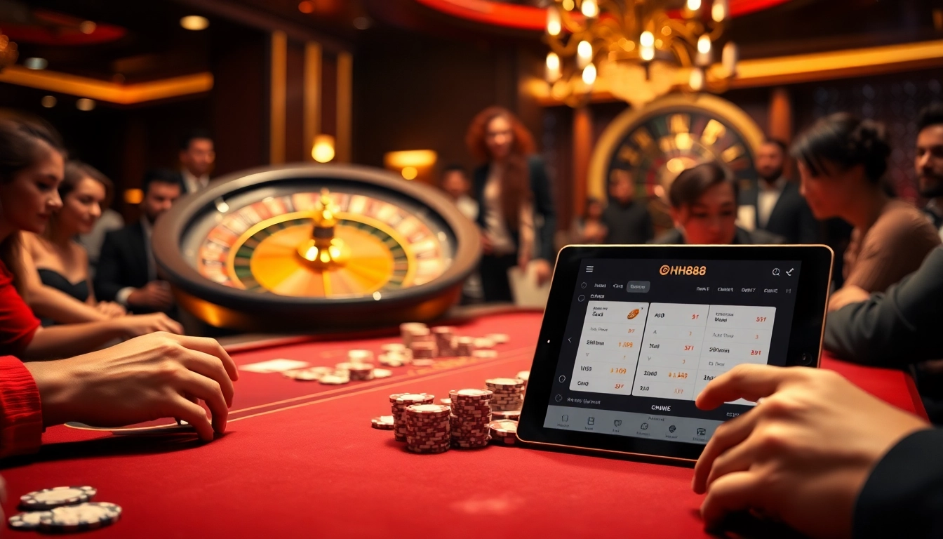 Experience the thrill of qh88 with players enjoying a high-stakes poker game in a luxurious casino setting.