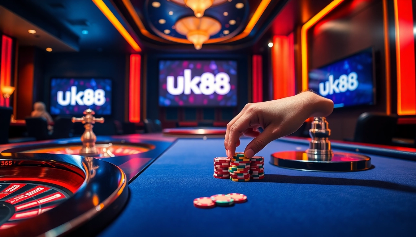 A vibrant casino scene showcasing excitement at nhà cái uk88 with poker chips and a spinning roulette wheel.