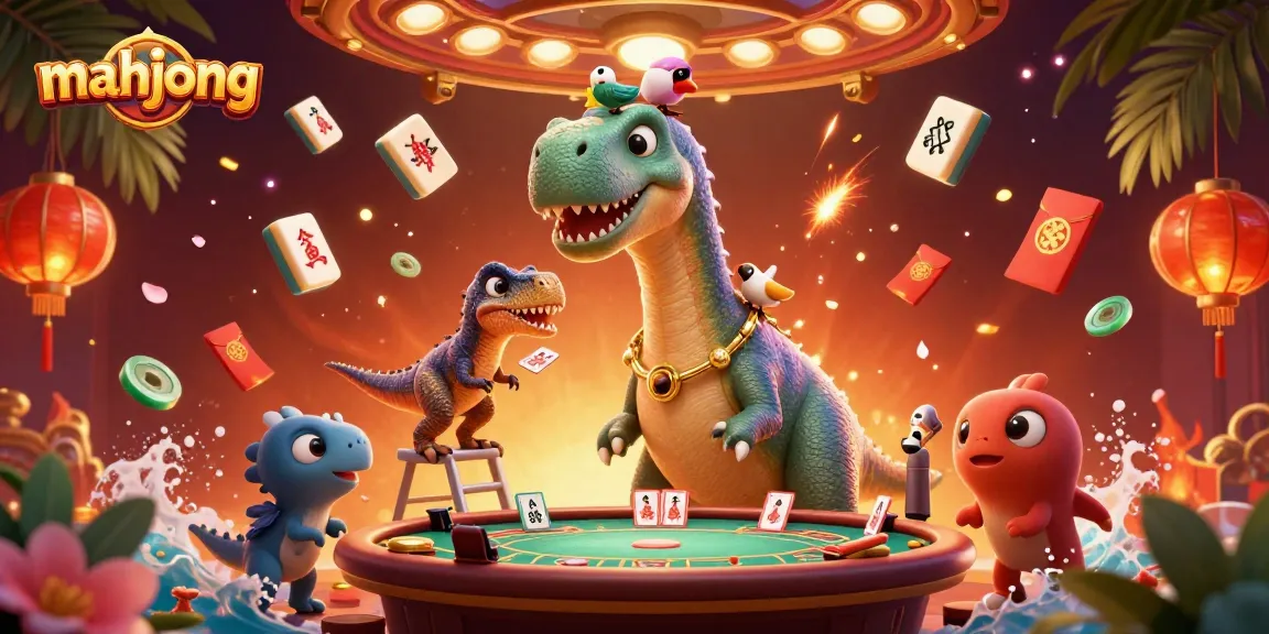 Engage with mahjong through a vibrant 3D illustration featuring a giant dinosaur in a casino.