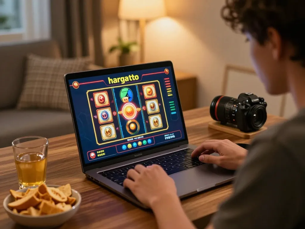 Pemain menikmati permainan slot hargatoto secara online di pengaturan rumah yang nyaman dengan pencahayaan hangat dan camilan.