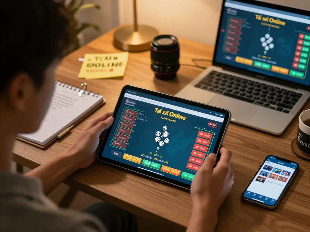 Tài xỉu online gaming scene with a player engaging on tablet, showcasing betting strategy.