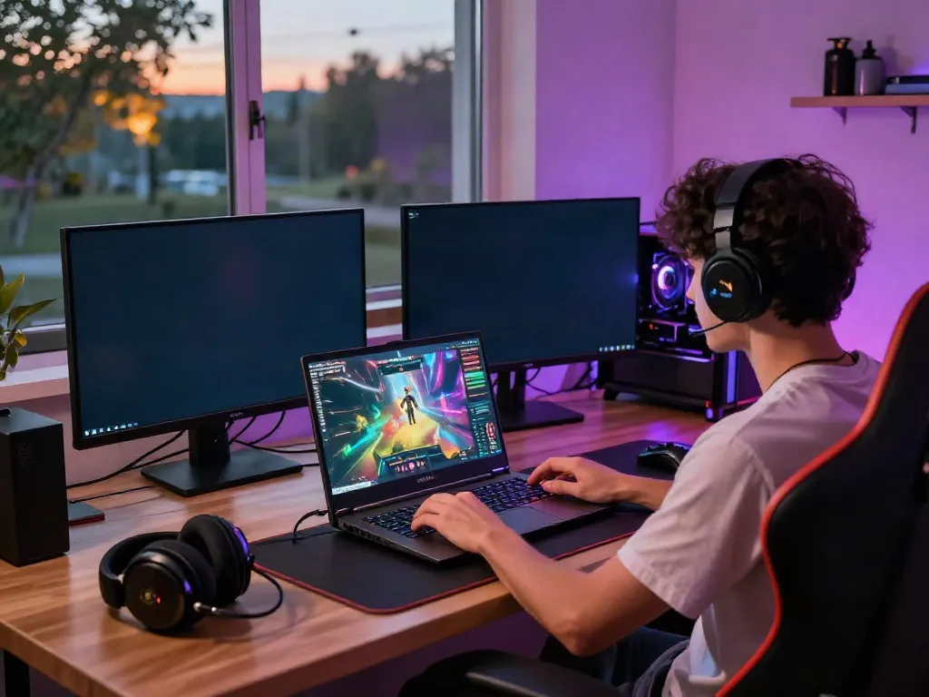 Player enjoying ORION88 in a vibrant gaming setup with high-tech gear and ambient lighting.