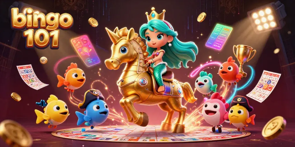 Experience excitement with bingo 101 in a vibrant scene showcasing a whimsical mermaid and bingo elements.