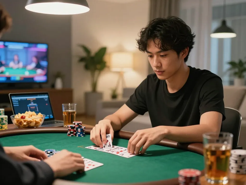 Engaging in game bài đổi thưởng at home, focusing on online poker gameplay with inviting atmosphere.