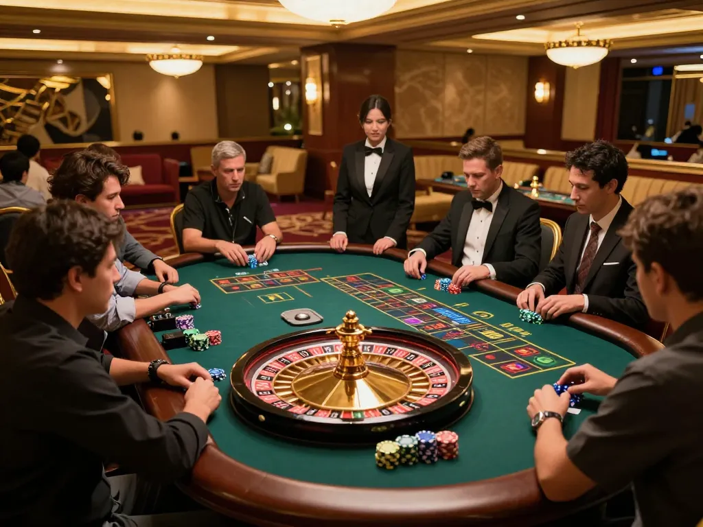Experience the excitement of rr88 with players engaged at a roulette table in a luxurious casino setting.