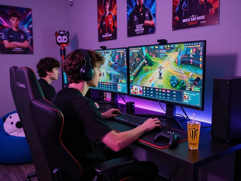 Intense esports betting scene from the Singapore esports betting guide, featuring a gamer focused on live tournaments and betting odds.