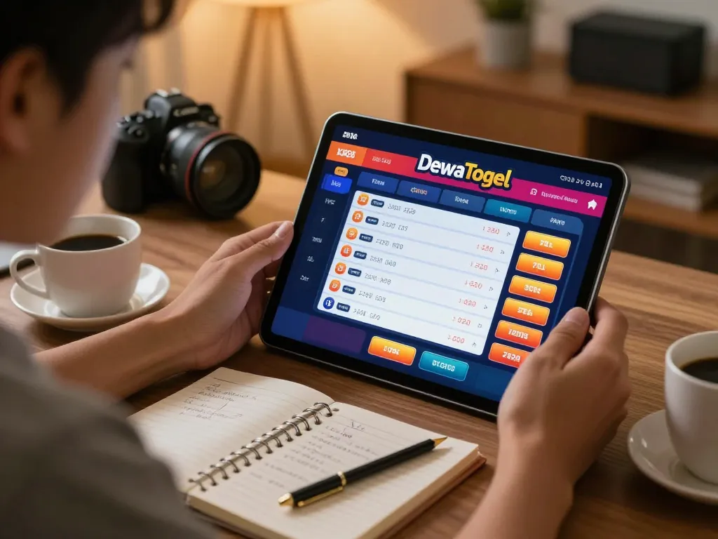 Dewatogel Link Alternatif Login Terbaru highlights a player analyzing the betting interface on a tablet.