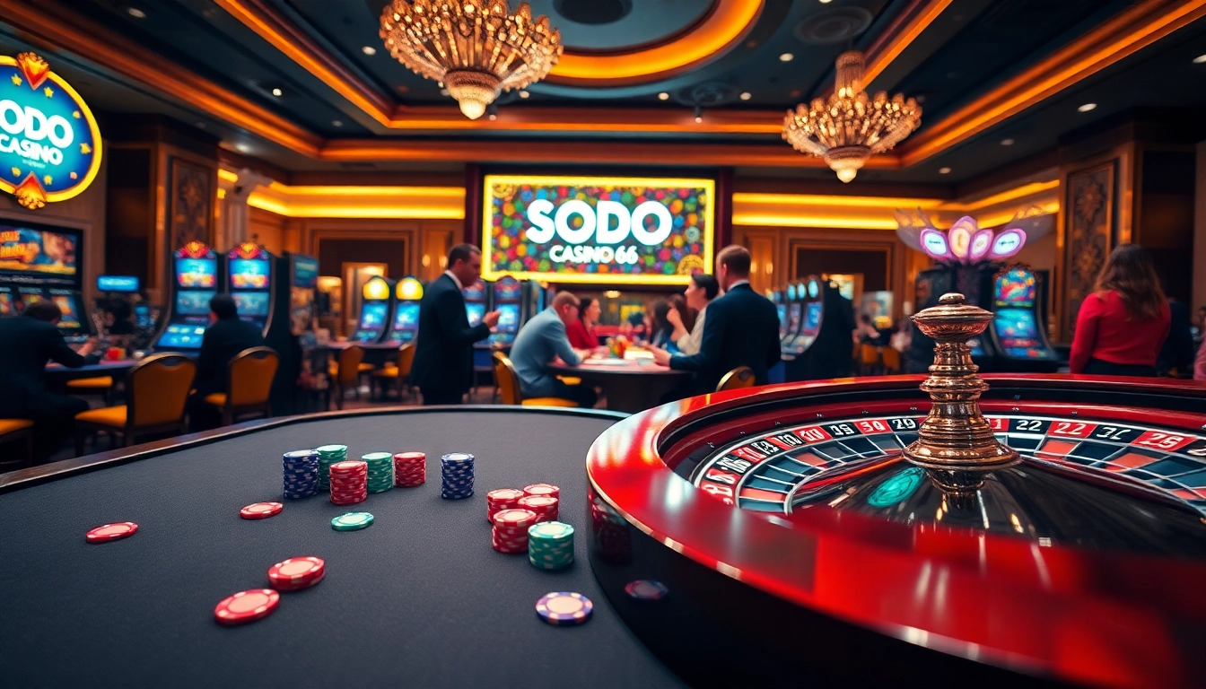 A thrilling gaming experience at SODO CASINO 66 with vibrant poker chips and exciting roulette tables.