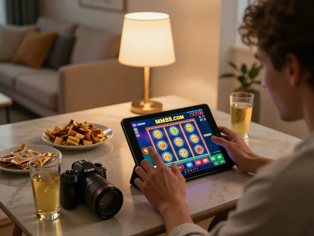 Player enjoying MM88.COM slot game on a tablet in a cozy home setting