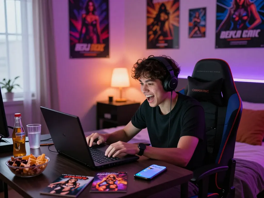 Engaging gaming scene showcasing porngames on a laptop with colorful decor.