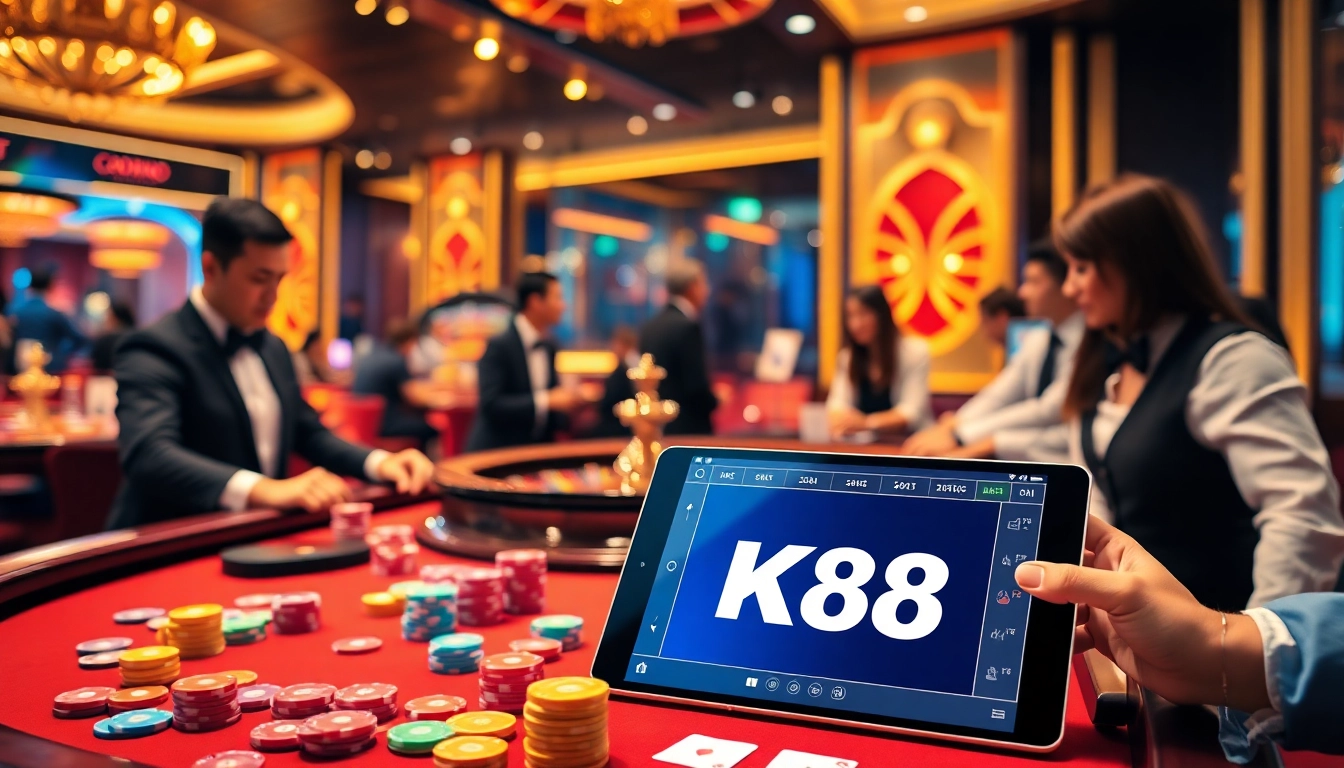 K88 gaming table featuring vibrant chips, cards, and dealers in a luxurious casino setting.