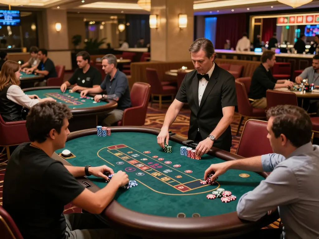 Players enjoying poker and table games at RIKVIP casino under warm ambient lighting