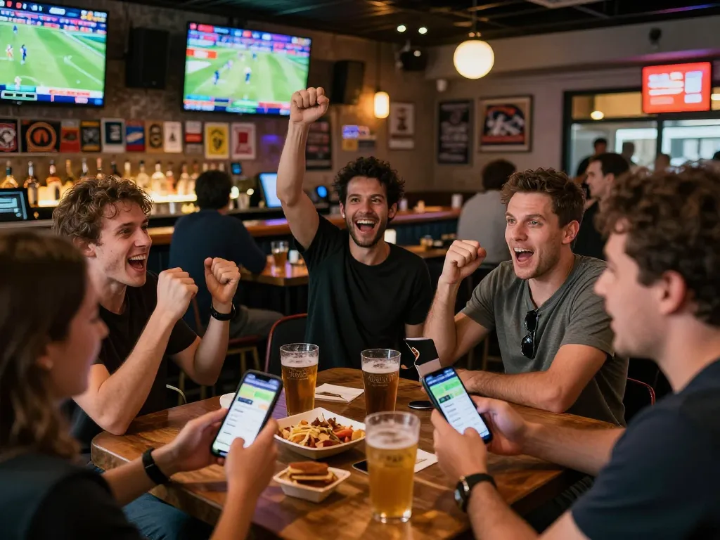 Cheering crowd engaged in sports betting at a lively bar, f8beta2 showing smartphones and screens