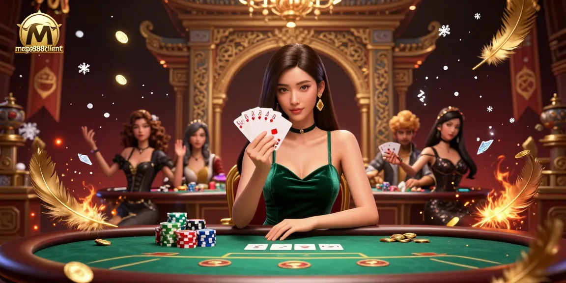Engage with mega888client's immersive poker experience amid gold coins and dramatic casino flair.