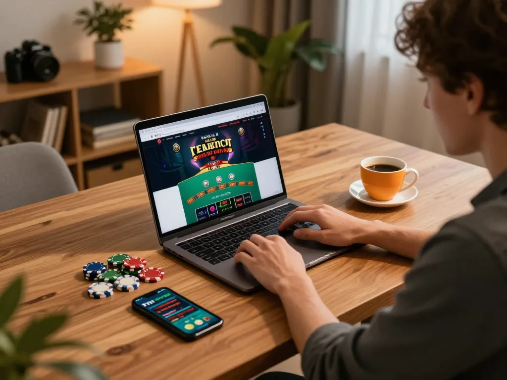 A player engaging with blackjack game on a laptop for 45678 online casino setup.