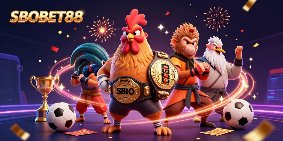 SBOBET88 sports betting experience illustrated with vibrant characters, a trophy, and festive decorations