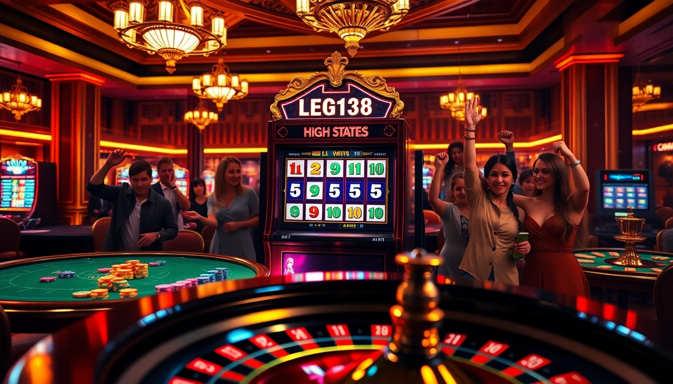 Players celebrate their wins at the LEGO138 slot machine, highlighting excitement in a luxurious casino setting.