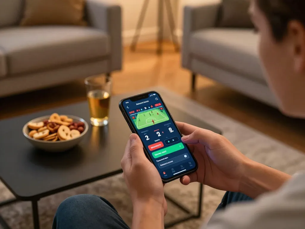 Engaging in sports betting on vipwin with smartphone in a cozy home gaming setup