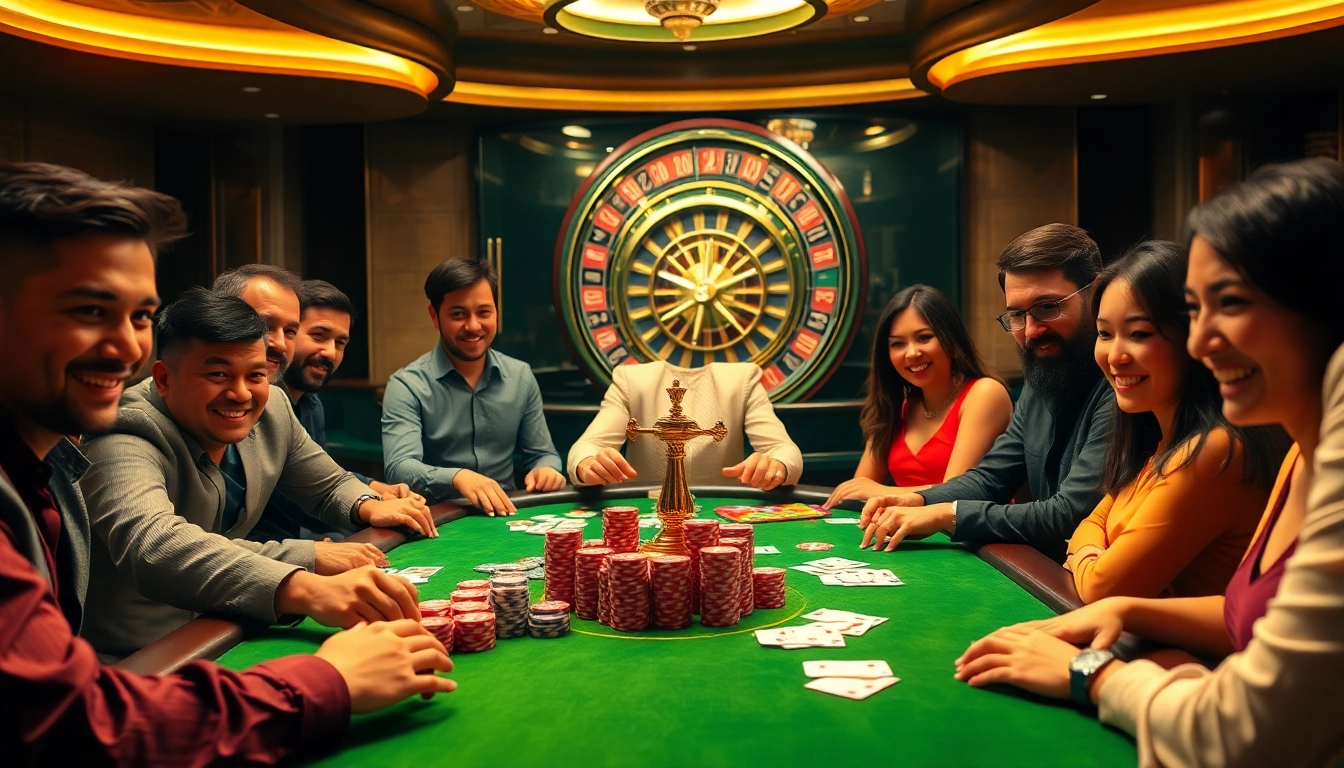 Hello88 gaming table featuring engaged players and a thrilling roulette wheel in a luxurious casino setting.