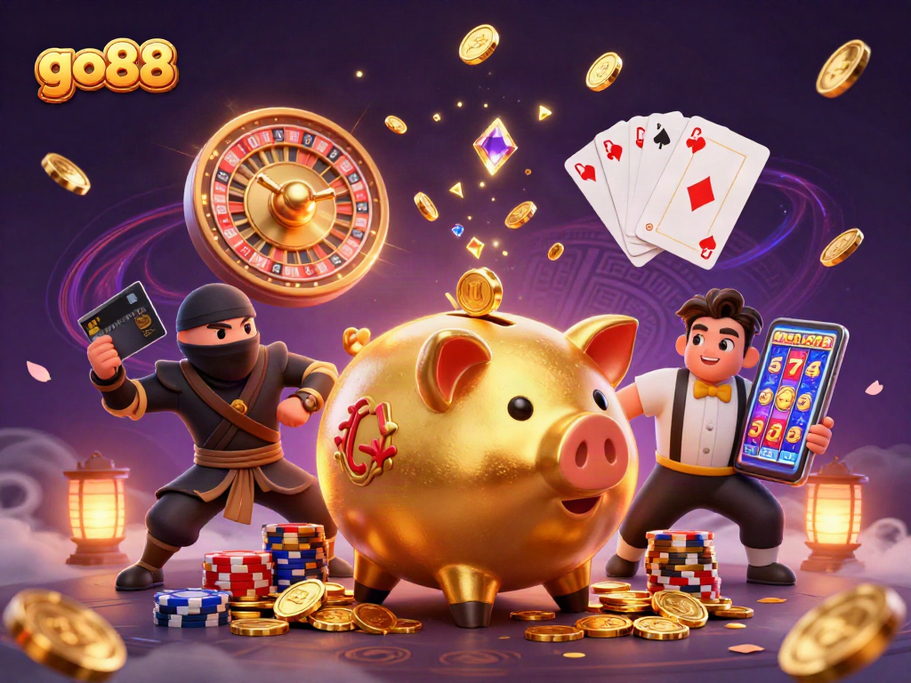 Engage with go88's thrilling gaming world featuring golden coins, action-packed characters, and vibrant casino elements.