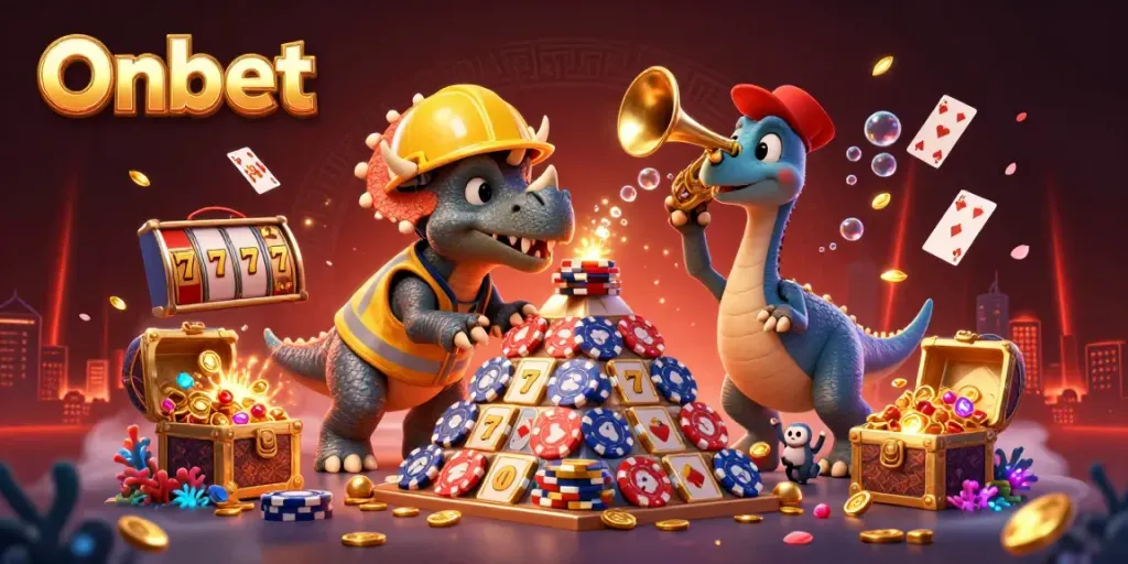 Celebrate big wins at Onbet with vibrant 3D characters building poker chip pyramids amid dazzling casino elements.
