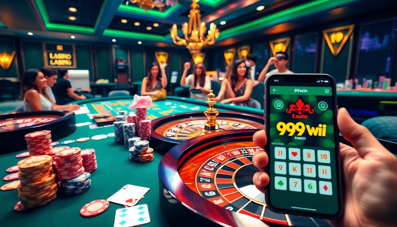 Players enjoying casino games with the 99win app prominently displayed on a smartphone.