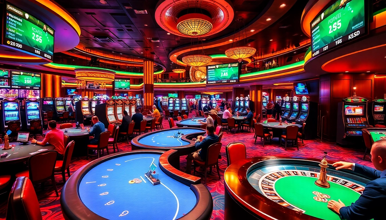 Experience the excitement of kqbd in a lively casino setting with players and sports betting displays.
