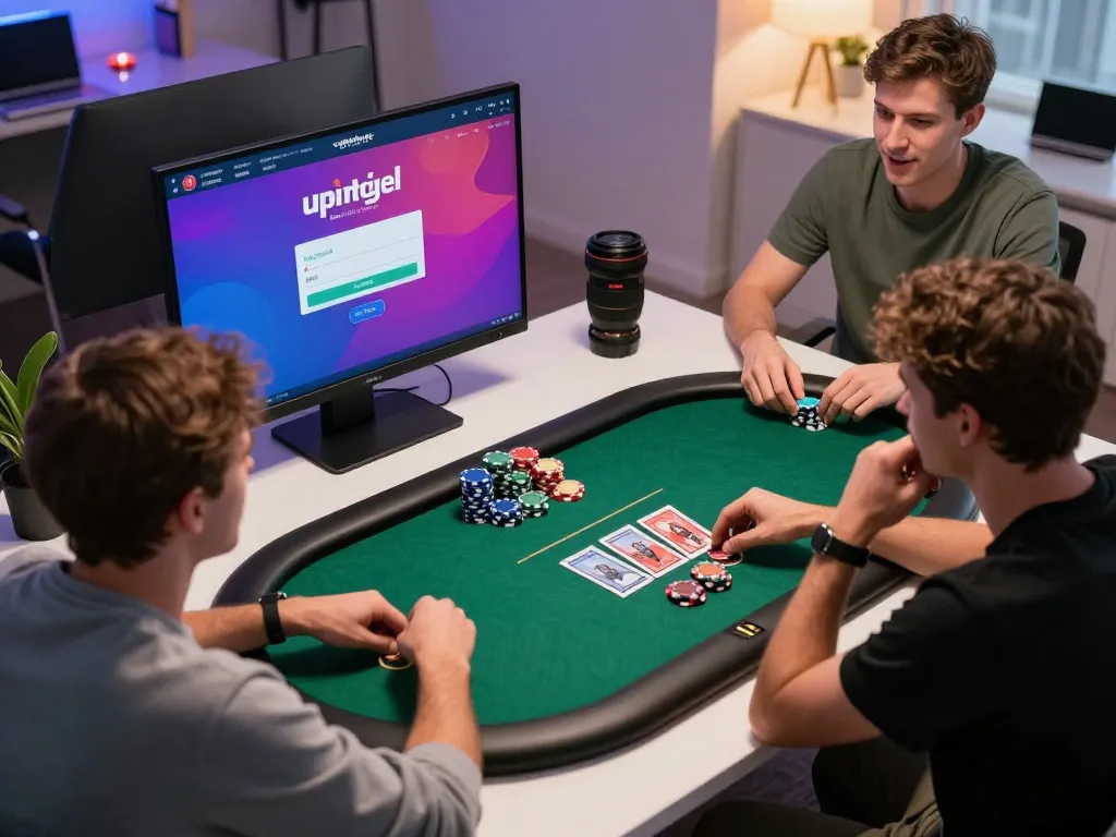 Engaging online casino scene with upintogel login interface, capturing players' strategic poker moments.