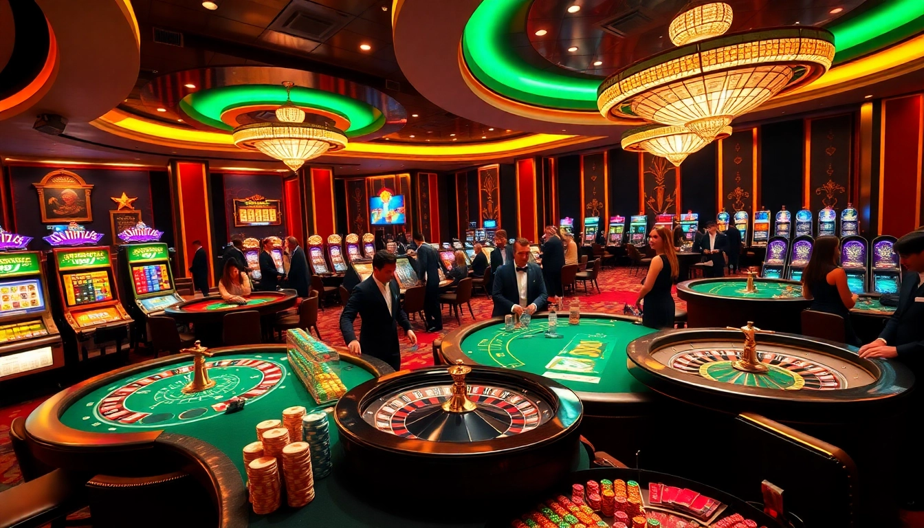 Players enjoying high-stakes games at XX88 casino, featuring vibrant poker tables and roulette wheels.