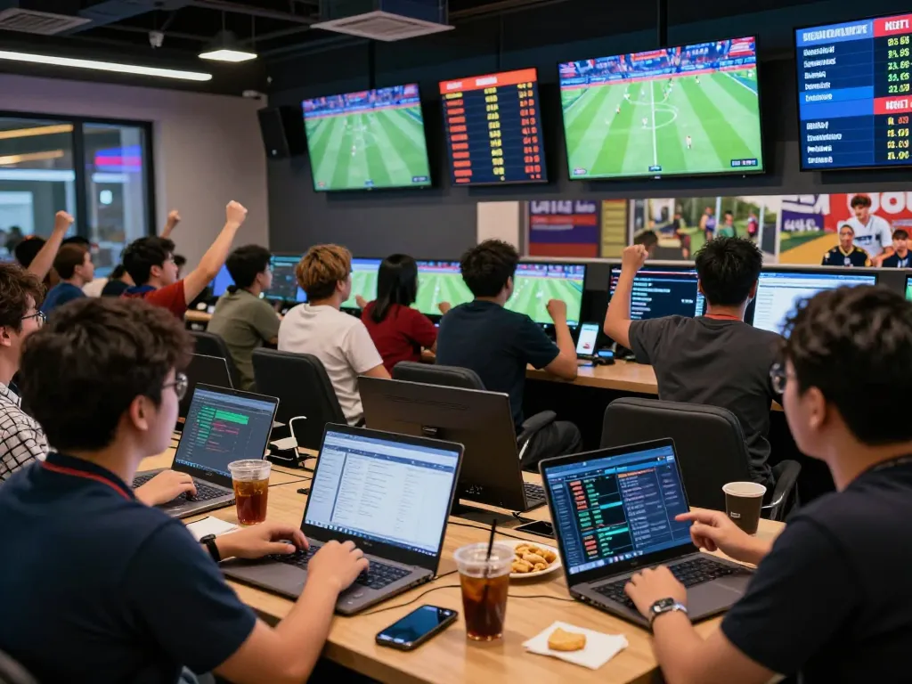 Exciting sportsbook environment with bettors engaging in kèo nhà cái and live match updates.