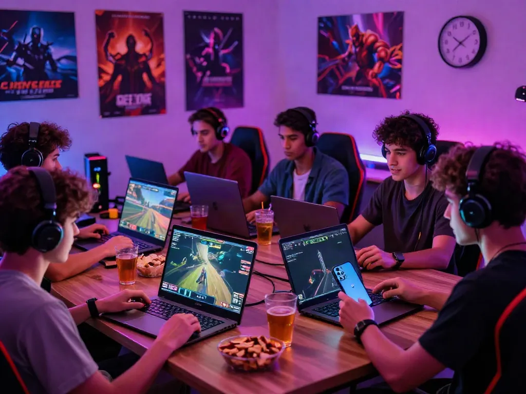 Diverse players enjoying A80 gaming on multiple devices in a vibrant setting.