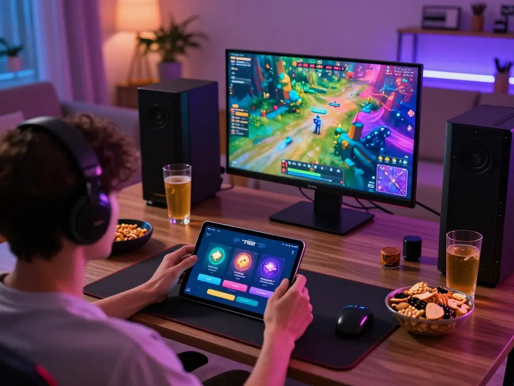 Engaging player using TR88 app on tablet in a cozy gaming environment