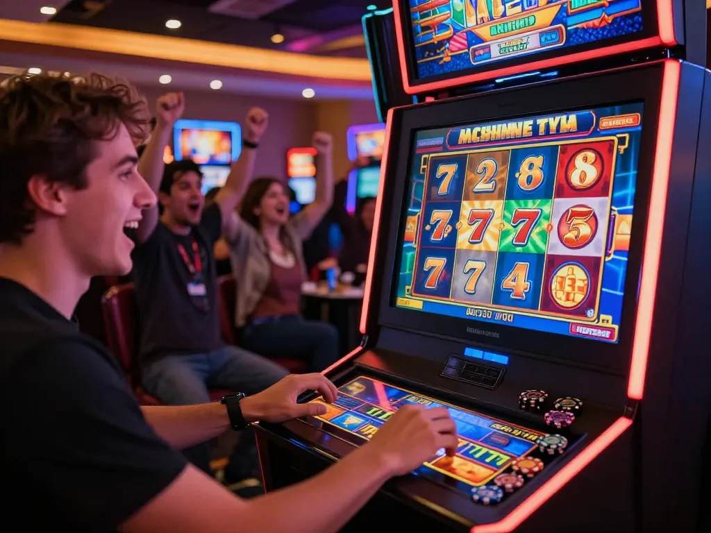 A player enjoying SLOT 777 game at an exciting online casino, with colorful graphics and lively atmosphere.