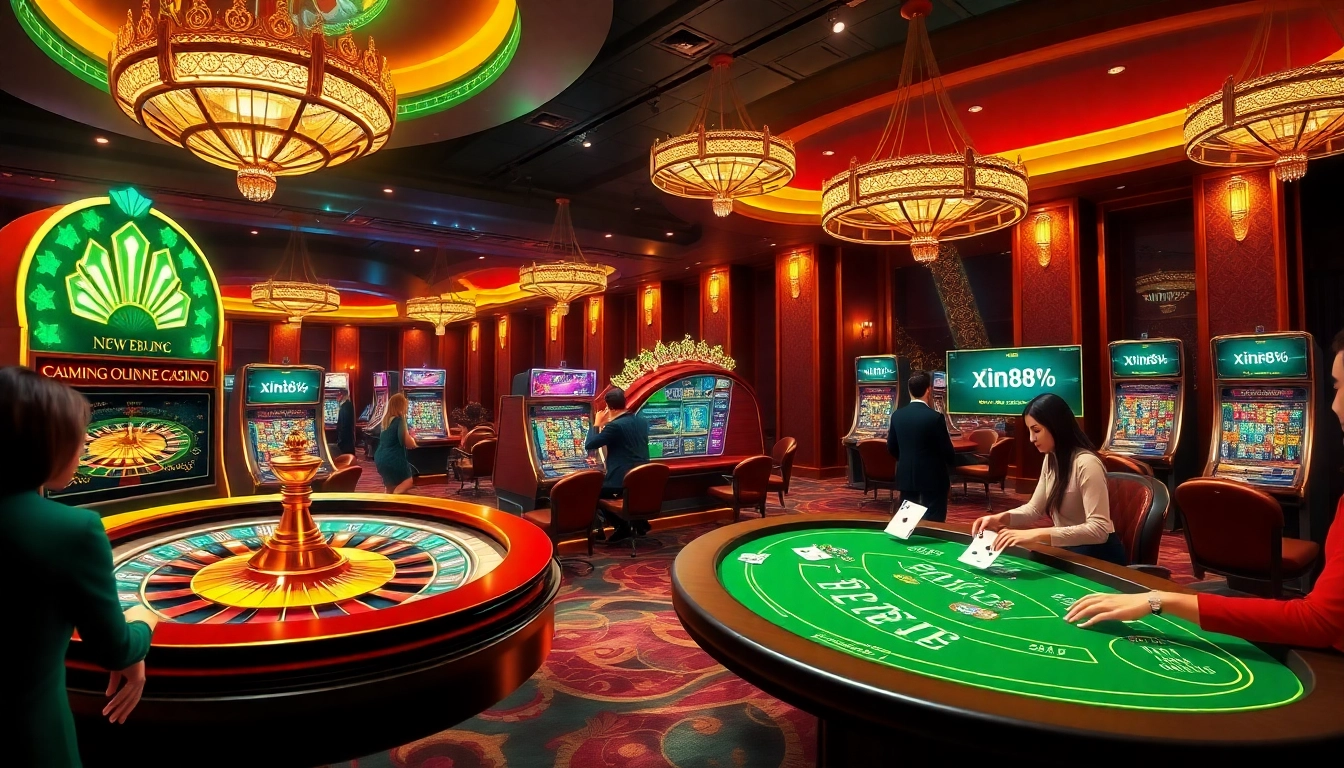 Experience the thrill of gaming at https://xin88hv.site/ with vibrant online casino scenes featuring roulette wheels and poker tables.