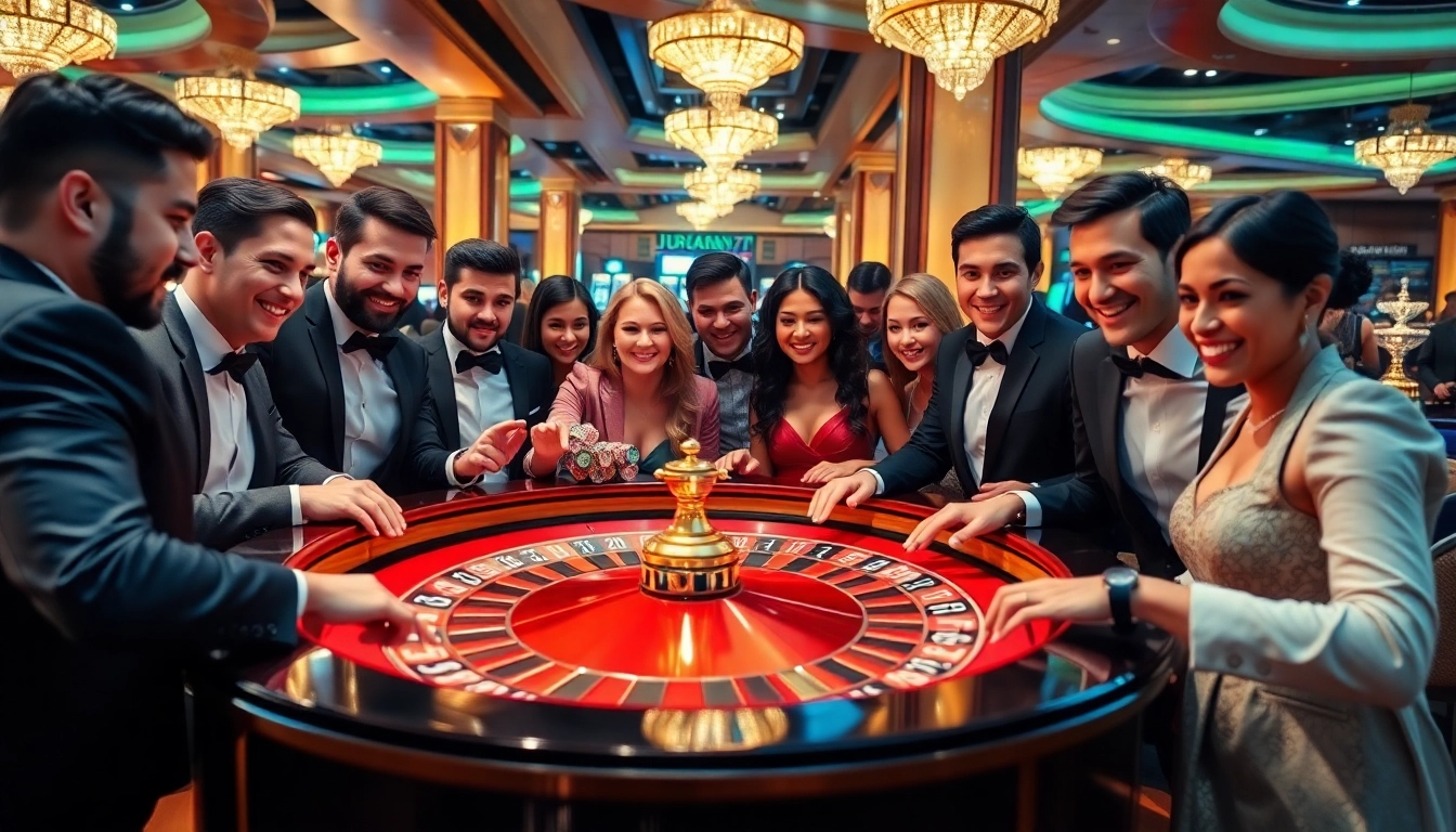Experience the thrill of juragan77 at a luxurious casino with vibrant roulette tables and eager gamblers.