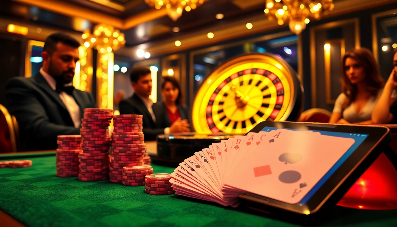 High-stakes players at a vibrant casino table, experiencing e2 bet excitement in an opulent setting.